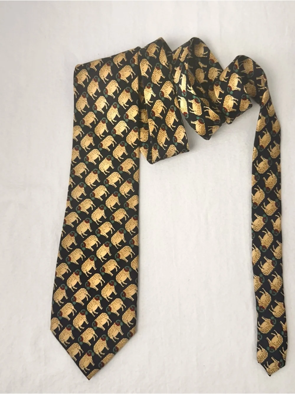 Men's Patterned Black & Gold Wool Tie Ram Sinsabang Tie Vintage Sheep Necktie